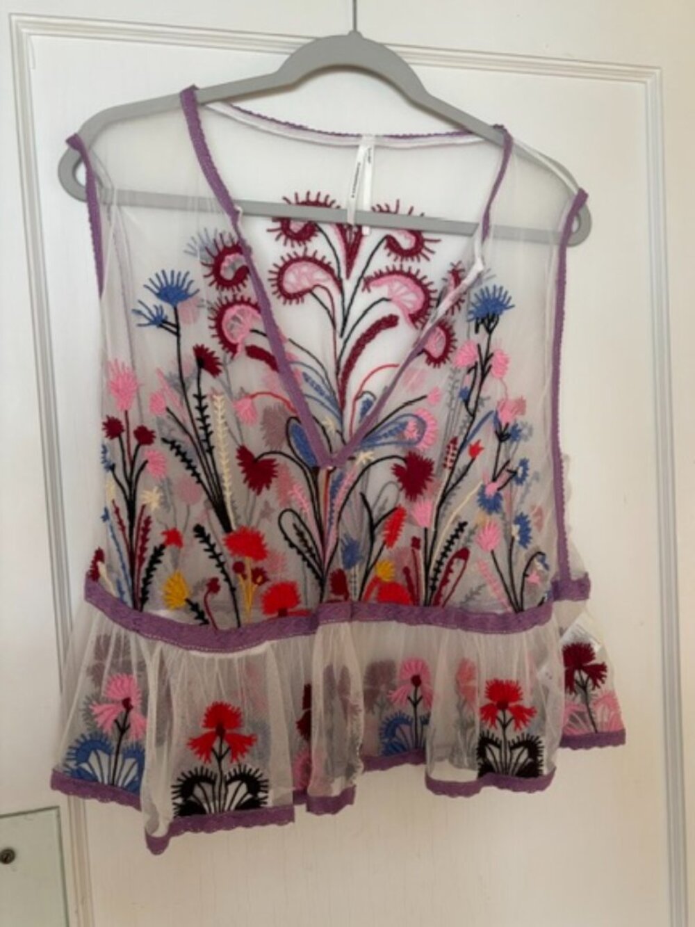 Anthropologie Sheer Embroidered Floral Mesh Peplum Top Size S